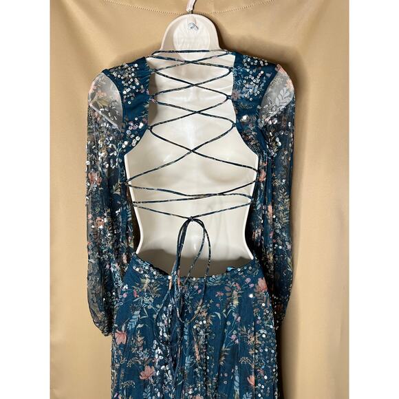 Mac Duggal Teal Floral Bling Cut Out Gown 0 - Picture 11 of 15